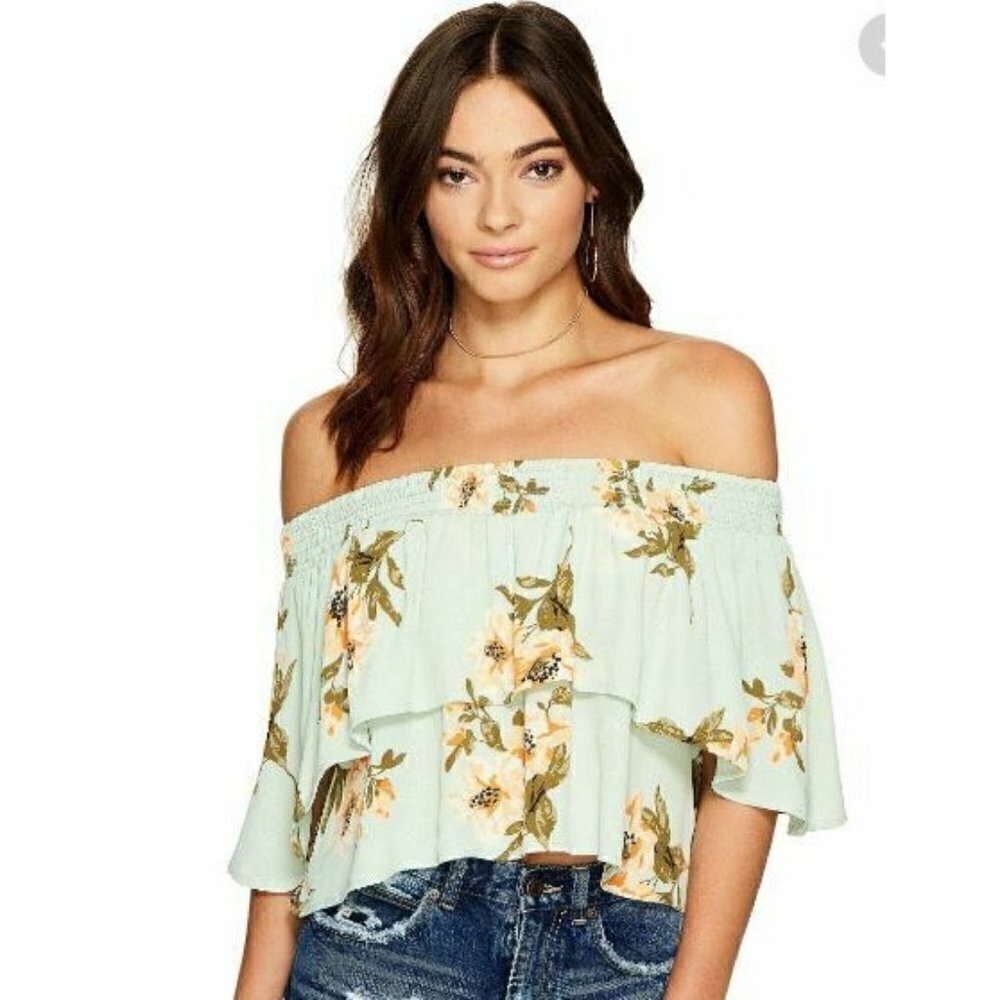 New Flynn Skye Athens Top Womens XS Mint Gatherings Floral Off Shoulder Ruffle